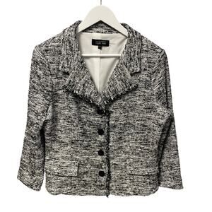 NWT Rickie Freeman Teri Jon 3/4 Sleeve Blazer Jacket Black White Tweed Size 14